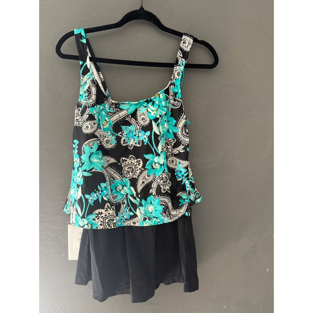 Azul Y2k Floral Paisley Tankini Swimsuit‎ Set Teal Black Skirted 12 Resort